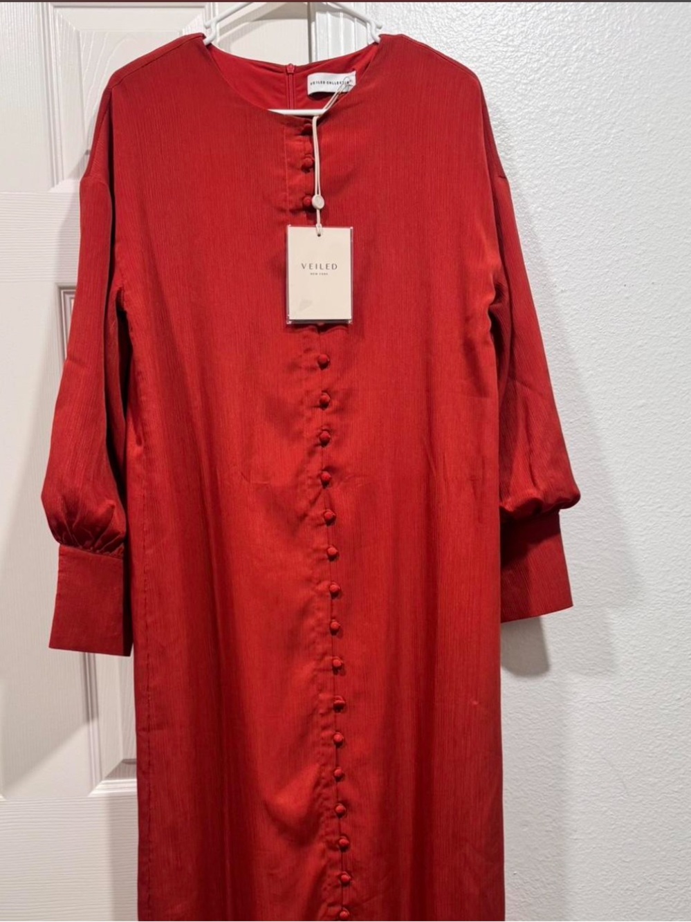 Veiled Red Long-Sleeve Button-Front Dress